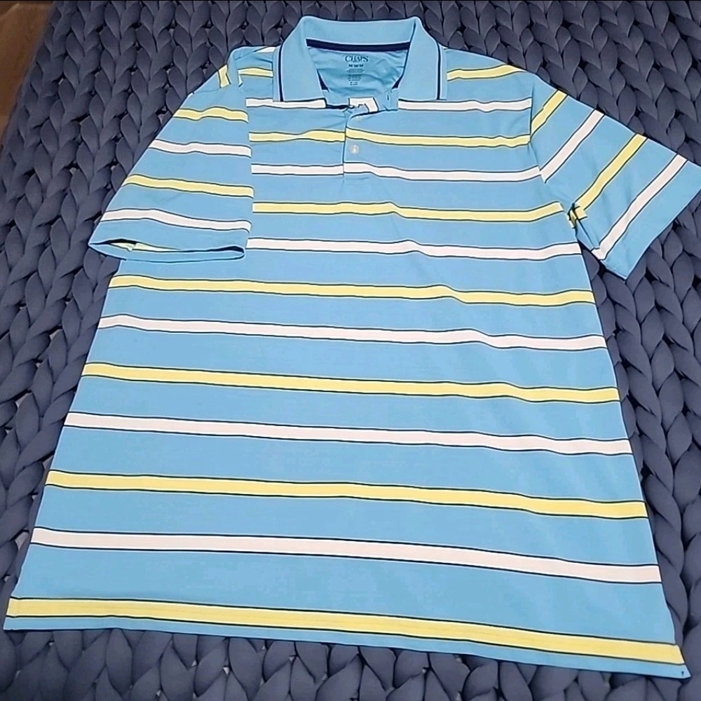 Chaps Golf Polo Shirt Men’s Medium Blue Yellow Stripe Short Sleeve Casual Golf